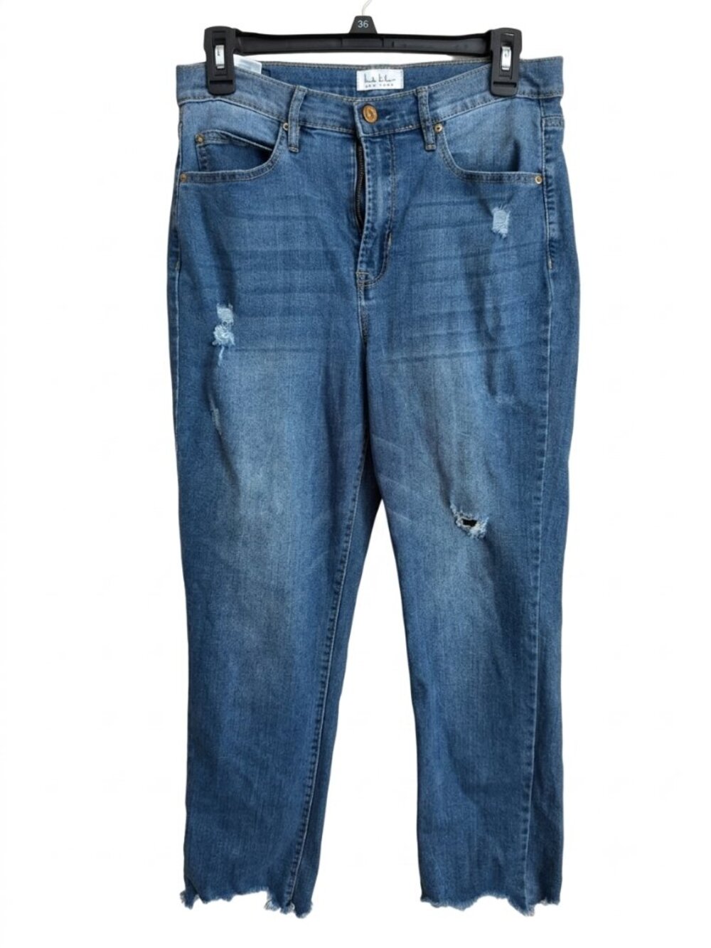 Nicole Miller New York Size 8 Blue Distressed Slim Ankle Cropped Raw Hem Jeans